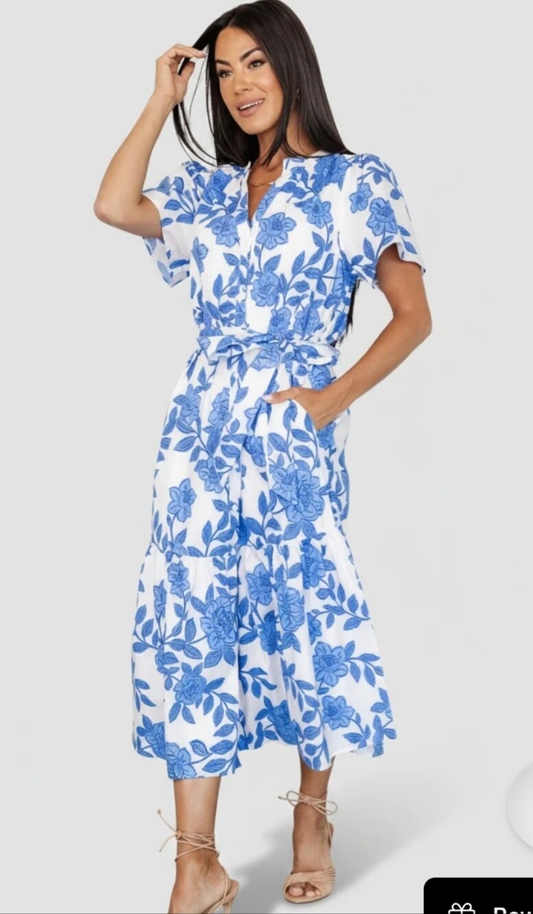 Like New! Balric Born Lydie Button Midi Dress Blue And White Floral Boho Medium
